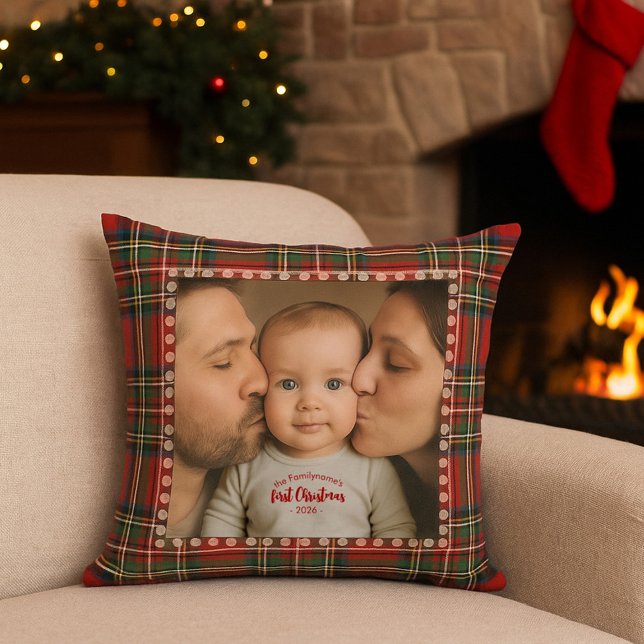 Persoonlijke Eerste Kerst Foto Tartan Kussen (Creator heeft geüpload)