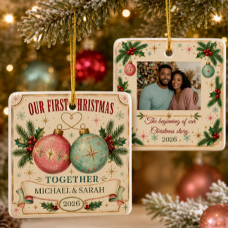 Persoonlijke Eerste Kerst Samen 2026 Foto Keramisch Ornament