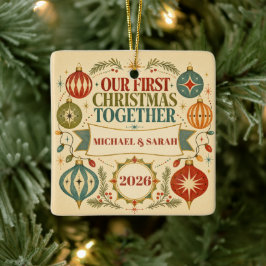 Persoonlijke eerste kerst samen 2026 Retro Keramisch Ornament