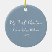 Persoonlijke Eerste Kerst Script Naam Babyblauw Keramisch Ornament (Achterkant)