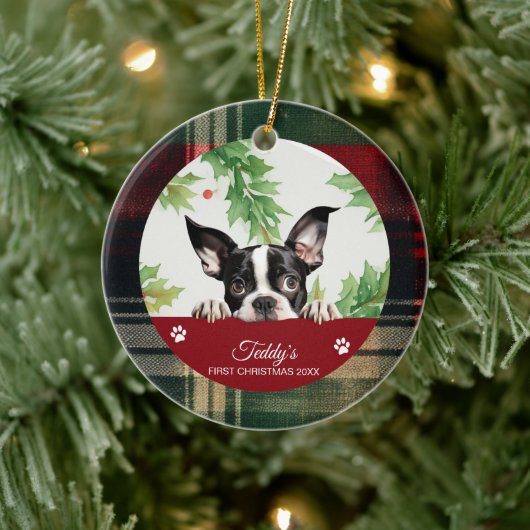 Persoonlijke eerste kerst van Boston Terrier Keramisch Ornament (Boom)