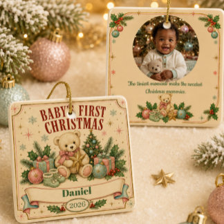 Persoonlijke eerste kerst van de baby 2026 Retro Keramisch Ornament