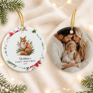 Persoonlijke eerste kerst van de baby aquarel vos keramisch ornament