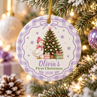 Persoonlijke eerste kerst van de baby Paarse Gans Keramisch Ornament