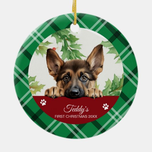 Persoonlijke eerste kerst van Duitse herder Keramisch Ornament (Achterkant)