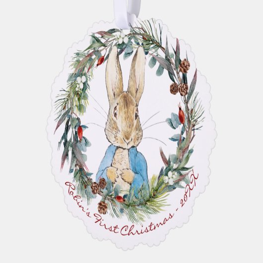 Persoonlijke eerste kerst van Peter Rabbit Ornament Kaart (Links)