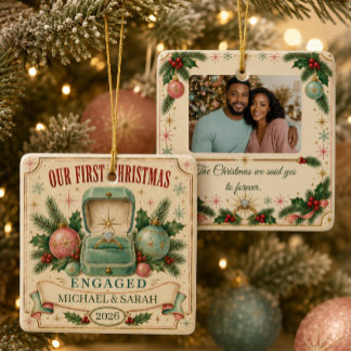 Persoonlijke Eerste Kerst Verloving 2026 Foto Keramisch Ornament