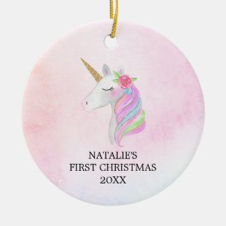 Persoonlijke eerste kerstbaby Girl Unicorn Keramisch Ornament