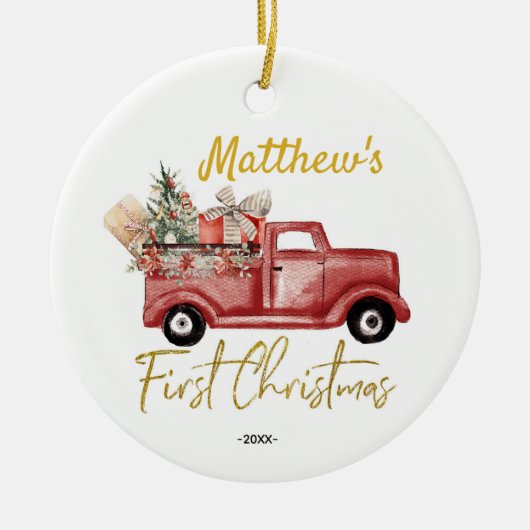 Persoonlijke eerste kerstbaby Red Truck Keramisch Ornament (Voorkant)