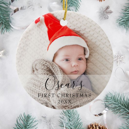Persoonlijke eerste kerstfoto-Baby Naam Keramisch Ornament