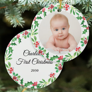 Persoonlijke eerste kerstfoto van de baby keramisch ornament