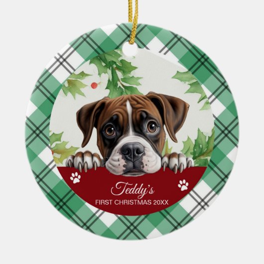 Persoonlijke eerste Kerstmis Boxer Keramisch Ornament (Voorkant)