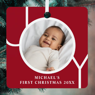 Persoonlijke Eerste Kerstmis Foto van Baby Jongen Metalen Ornament