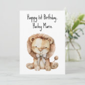 Persoonlijke eerste verjaardag knuffel leeuw kaart (Staand voorkant)