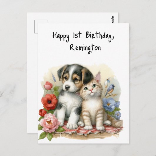 Persoonlijke eerste verjaardag van puppy en kitten briefkaart (Voorkant / Achterkant)