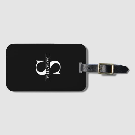 Persoonlijke Elegant Black en White Monogram Naam Bagagelabel (Voorkant (horizontaal))