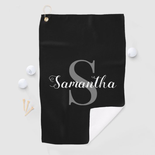 Persoonlijke Elegant Black en White Monogram Naam Golfhanddoek (Insitu)