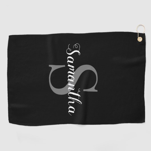 Persoonlijke Elegant Black en White Monogram Naam Golfhanddoek (Horizontaal)