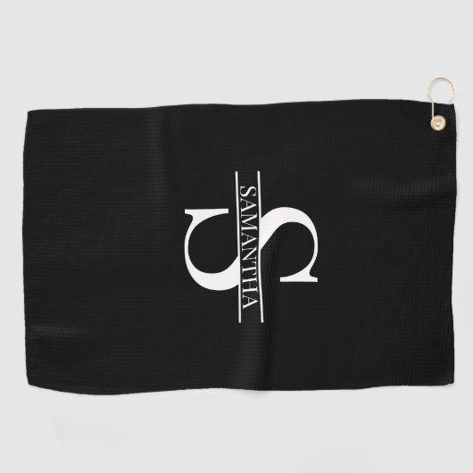 Persoonlijke Elegant Black en White Monogram Naam Golfhanddoek (Horizontaal)