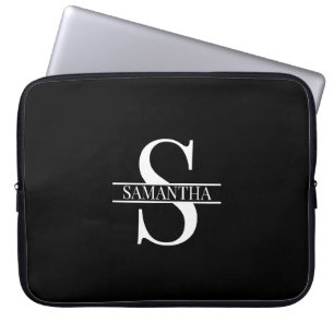 Persoonlijke Elegant Black en White Monogram Naam Laptop Sleeve