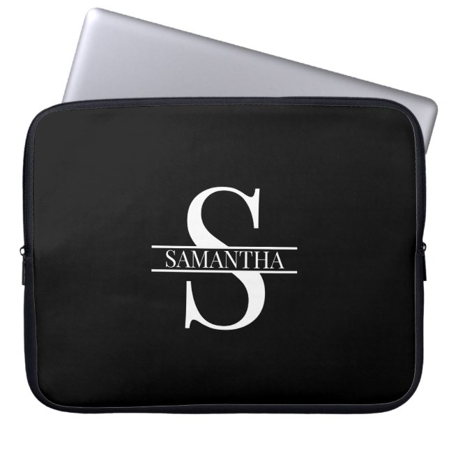 Persoonlijke Elegant Black en White Monogram Naam Laptop Sleeve (Voorkant)