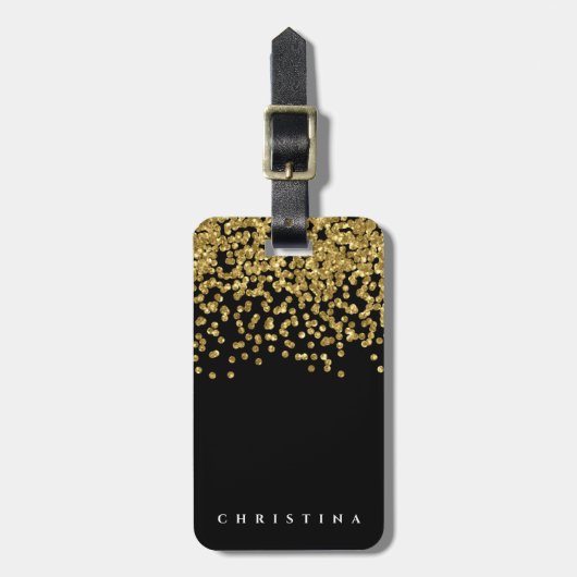 Persoonlijke Elegant Black Faux Gold Confetti Bagagelabel (Voorkant verticaal)