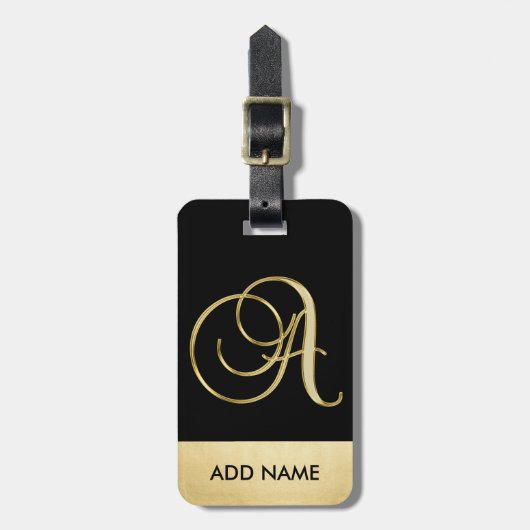 Persoonlijke Elegant Black Gold Monogram Letter A Bagagelabel (Voorkant verticaal)
