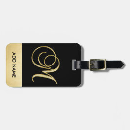Persoonlijke Elegant Black Gold Monogram Letter M Bagagelabel