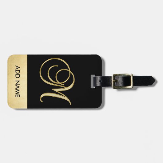Persoonlijke Elegant Black Gold Monogram Letter M Bagagelabel (Voorkant horizontaal)