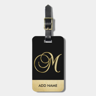 Persoonlijke Elegant Black Gold Monogram Letter M Bagagelabel