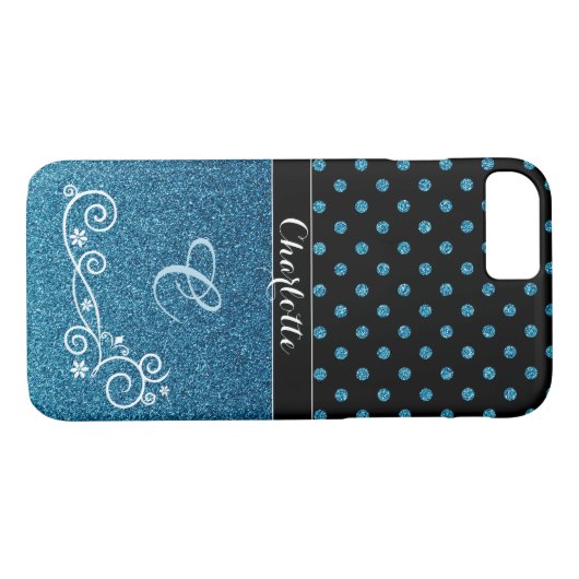 Persoonlijke Elegant Blue Glitter Monogram Naam Case-Mate iPhone Case (Achterkant (Horizontaal))