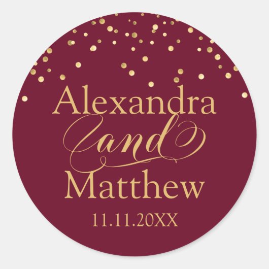Persoonlijke Elegant Burgundy Gold Wedding Classic Ronde Sticker (Voorkant)