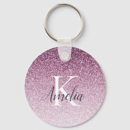 Persoonlijke Elegant Paars Glitter Monogram Naam Sleutelhanger (Voorkant)
