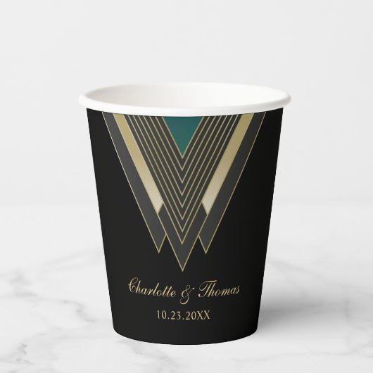 Persoonlijke Elegante Art Deco Bruiloft Papieren Bekers (Voorkant)