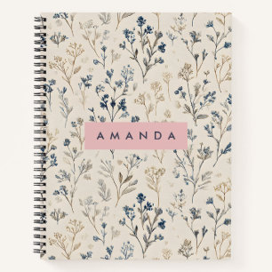 Persoonlijke Elegante Blauwe & Beige Wilde Bloem Notitieboek