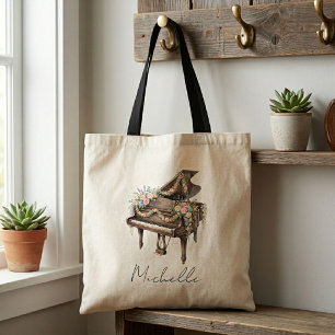 Persoonlijke Elegante Grote Piano met Bloemen Tote Bag