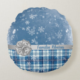 Persoonlijke Elegante Kerst Blauw Geruit Rond Kussen