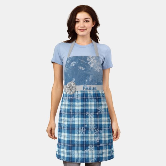 Persoonlijke Elegante Kerstmis Geruit Blauw Schort (Gedragen)