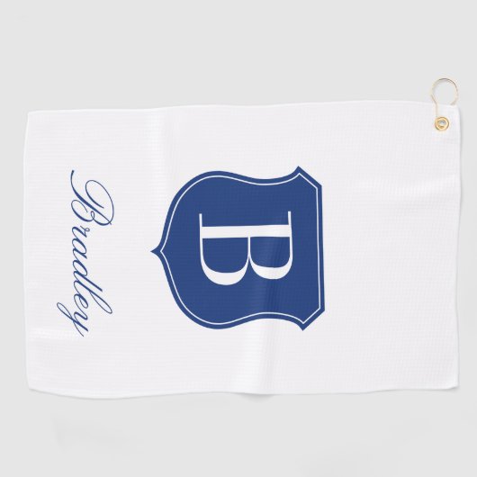 Persoonlijke elegante naam monogram blauw en wit golfhanddoek (Horizontaal)