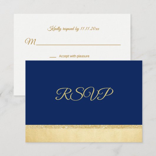 Persoonlijke Elegante Navy Blue Gouden RSVP Trouwd Kaart (Voorkant / Achterkant)