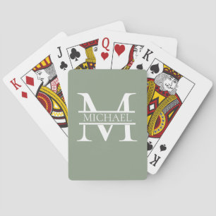 Persoonlijke Elegante Saliegroene Monogram & Naam Pokerkaarten