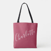 Persoonlijke Elegante Script Naam Rood Magenta Tote Bag (Achterkant)