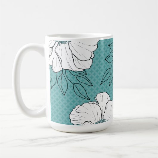 Persoonlijke Elegante Witte Bloemen op Teal Koffiemok (Links)