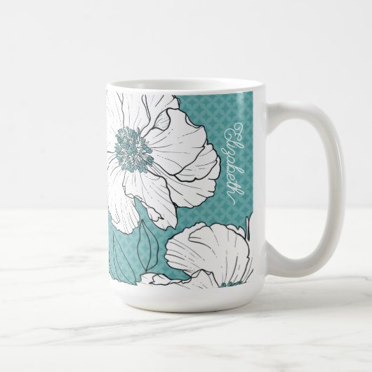 Persoonlijke Elegante Witte Bloemen op Teal Koffiemok (Rechts)
