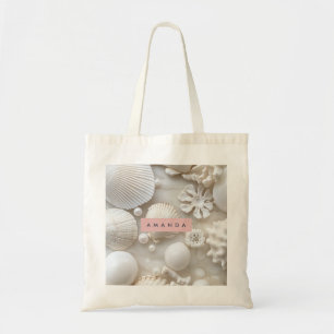 Persoonlijke Elegante Witte Schelp en Parel Tote Bag