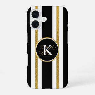 Persoonlijke Elegante Zwarte & Gouden Strepen Mono iPhone 16 Hoesje