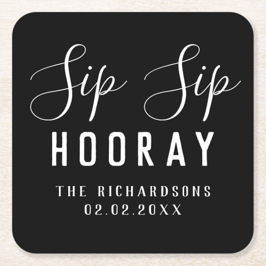 Persoonlijke Elegante Zwarte Sip Sip Hooray Trouw Kartonnen Onderzetters (Voorkant)