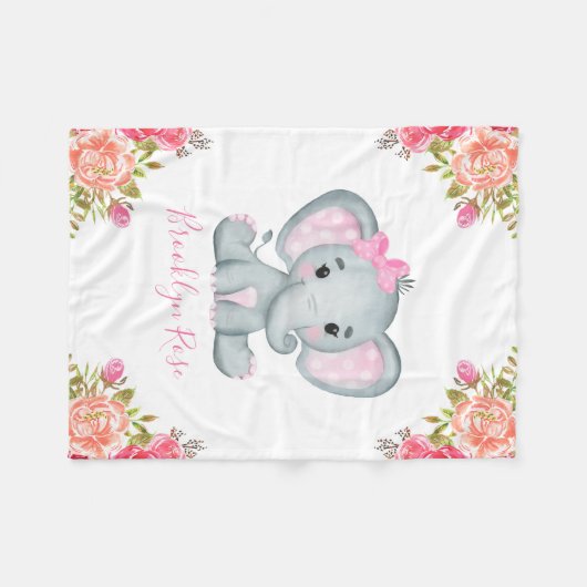 Persoonlijke Elephant Floral Baby Girl Fleece Deken (Voorkant (Horizontaal))