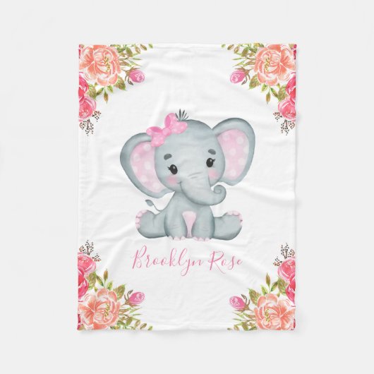 Persoonlijke Elephant Floral Baby Girl Fleece Deken (Voorkant)