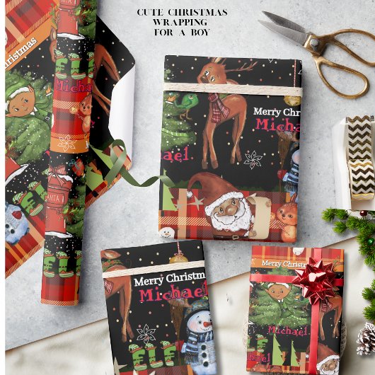 Persoonlijke Elf Jongensnaam Kerstmis | Rode Plaid Cadeaupapier